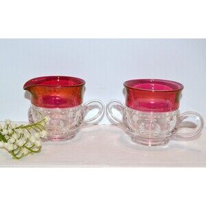 Vintage Glass Kings Crown Ruby Sugar and Creamer